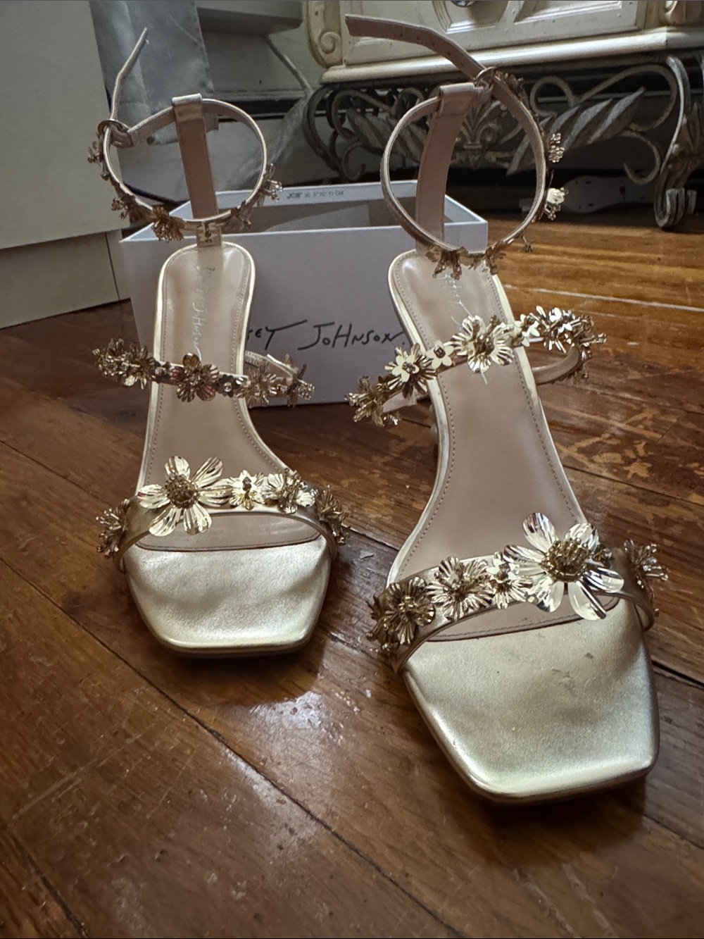 Betsey Johnson Gold Floral Ankle-Strap Heels
